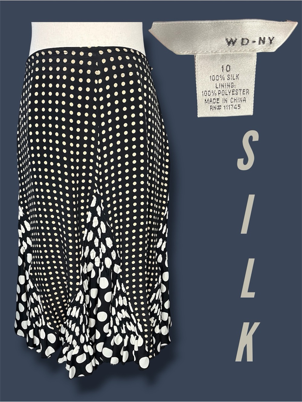 WD.NY Black and White Polka Dot Silk Midi Skirt